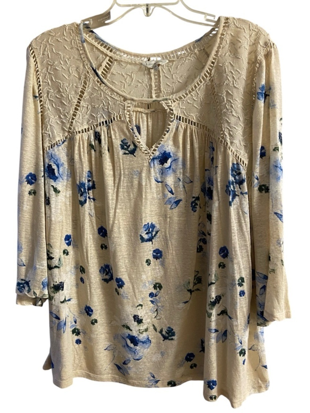 Lucky Brand Cream Floral Crochet Yoke Blouse with Blue Roses linen blend 3X